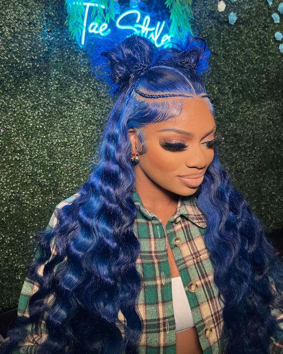 Profile of the electric blue crimp look with baby hairs