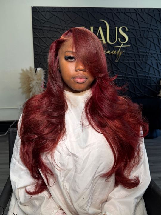 Long deep burgundy layered install
