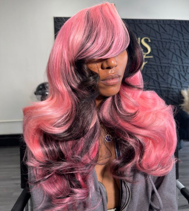 Pink and black fusion body wave with bang